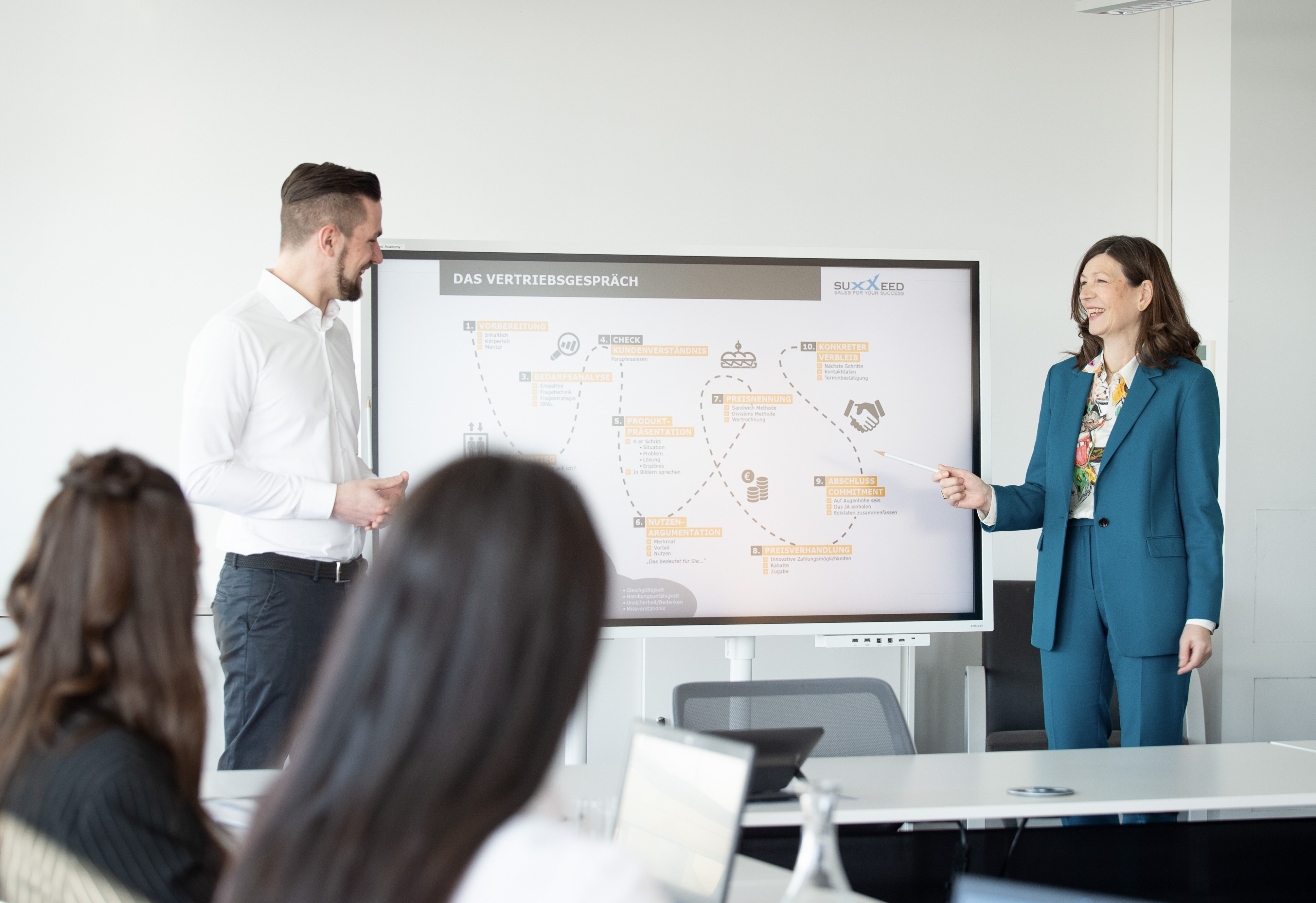 Zwei Trainer der SUXXEED Academy schulen Quereinsteiger:innen im Vertrieb